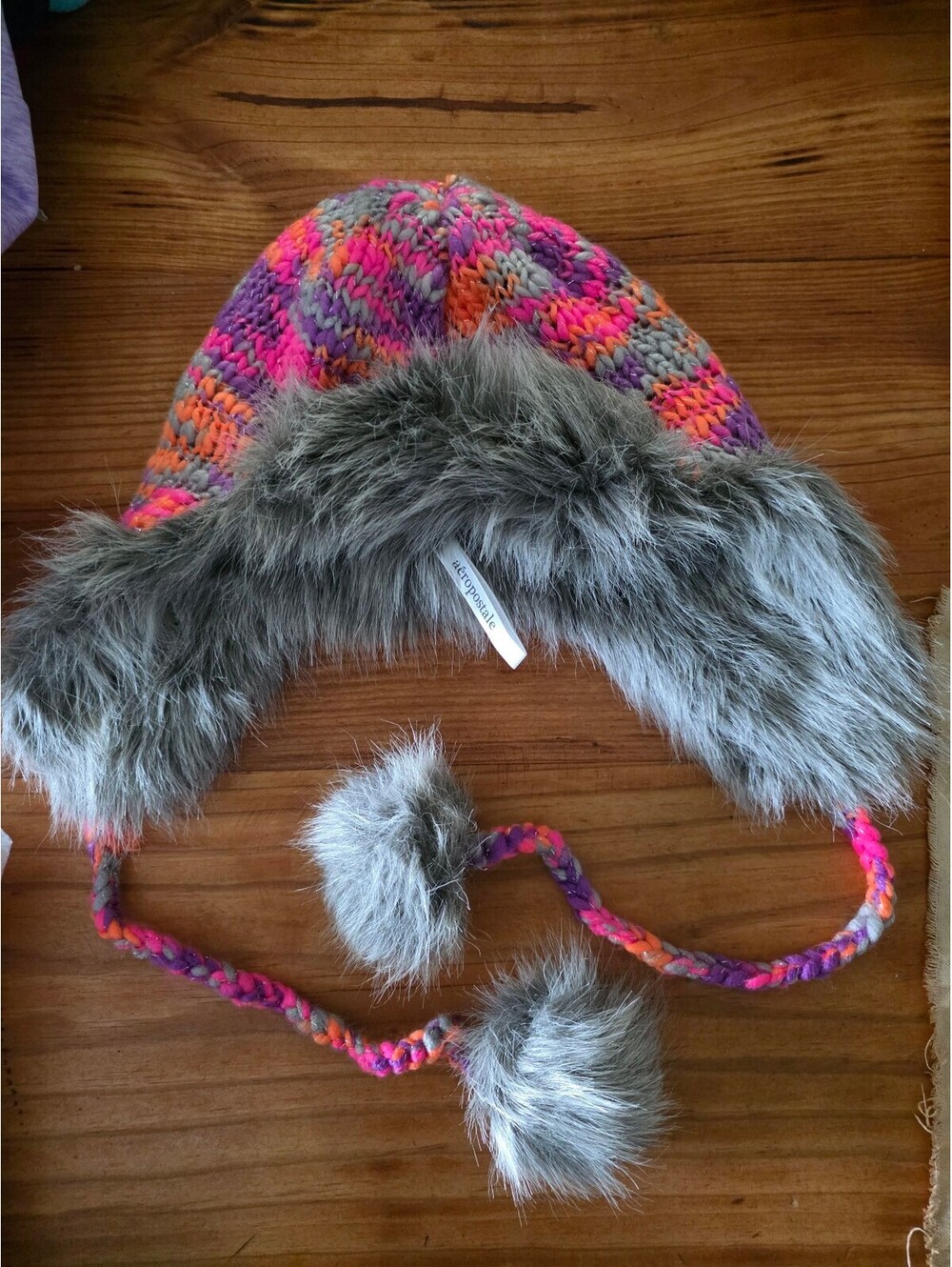 Aeropostale  Colorful Knit Faux Fur Trapper Hat with Pom Poms